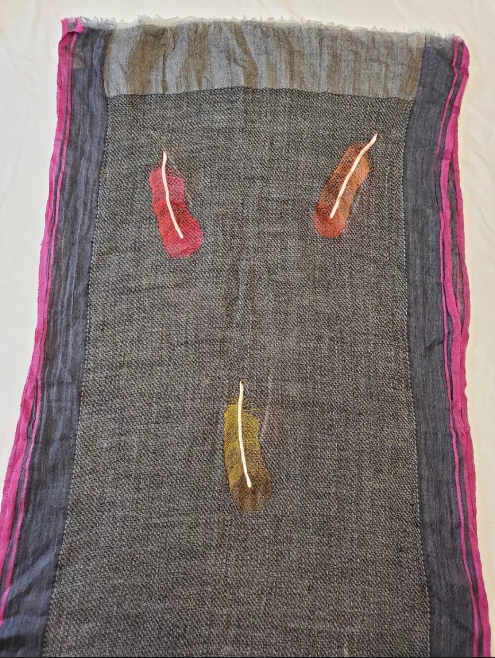 Vismaya Embroidered Feather Scarf Charcoal Gray Magenta Stripe Wrap Made India